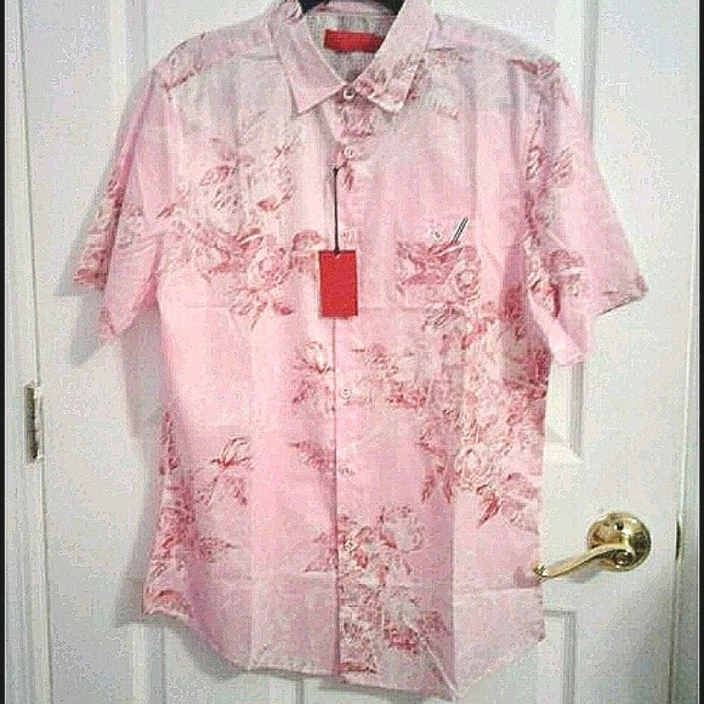 Pink Floral Casual Cotton Button Down Short Sleeve Shirt L
